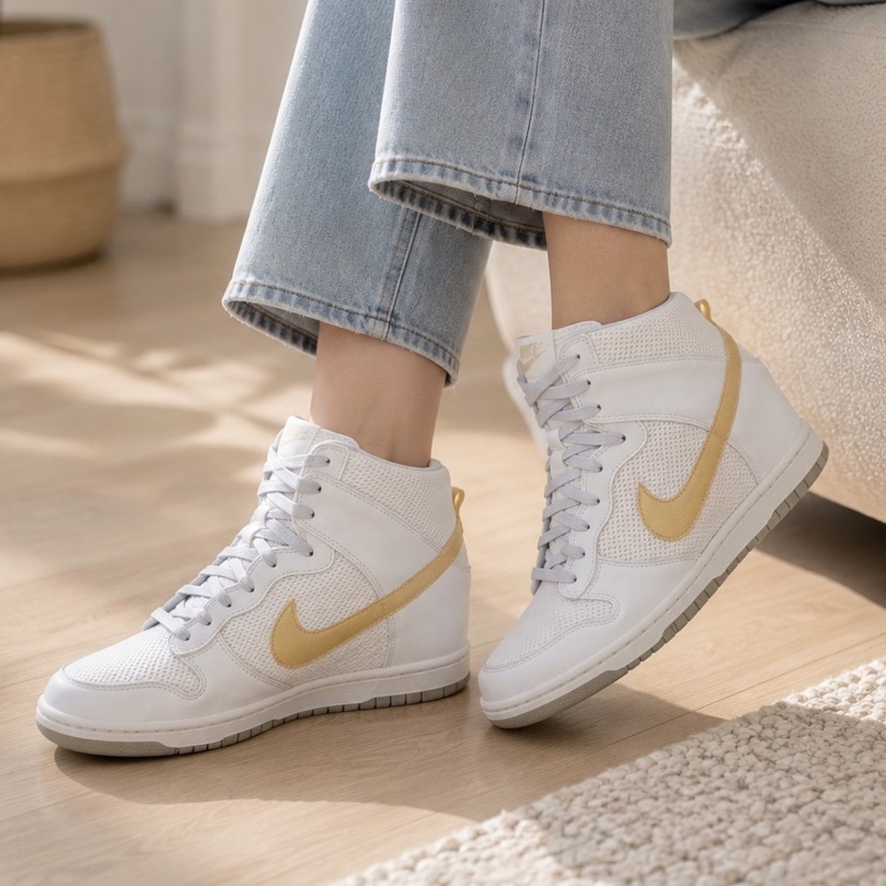 Nike Dunk Sky Hi White Metallic Gold Mesh Wedge Sneakers Womens 8